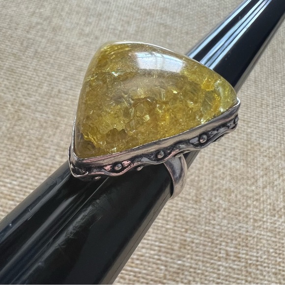 New Lemon Crackle Quartz Crystal Stone Silver Overlay Ring Size 6.75 - Picture 2 of 9